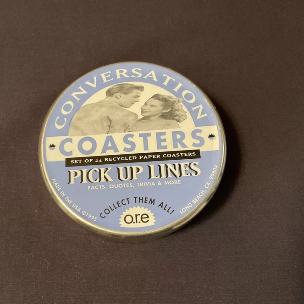 O.r.e Conversation Round Paper Coasters Set of 24 Pick up Lines. Comes in a Tin